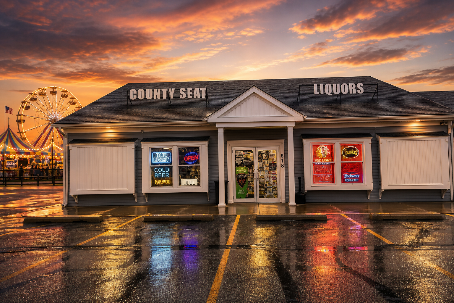 County Seat Liquors storefront with the fairgrounds Ferris wheel in Crown Point